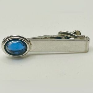 SWANK Silver-Tone Tie Bar with Sapphire Blue Cabochon